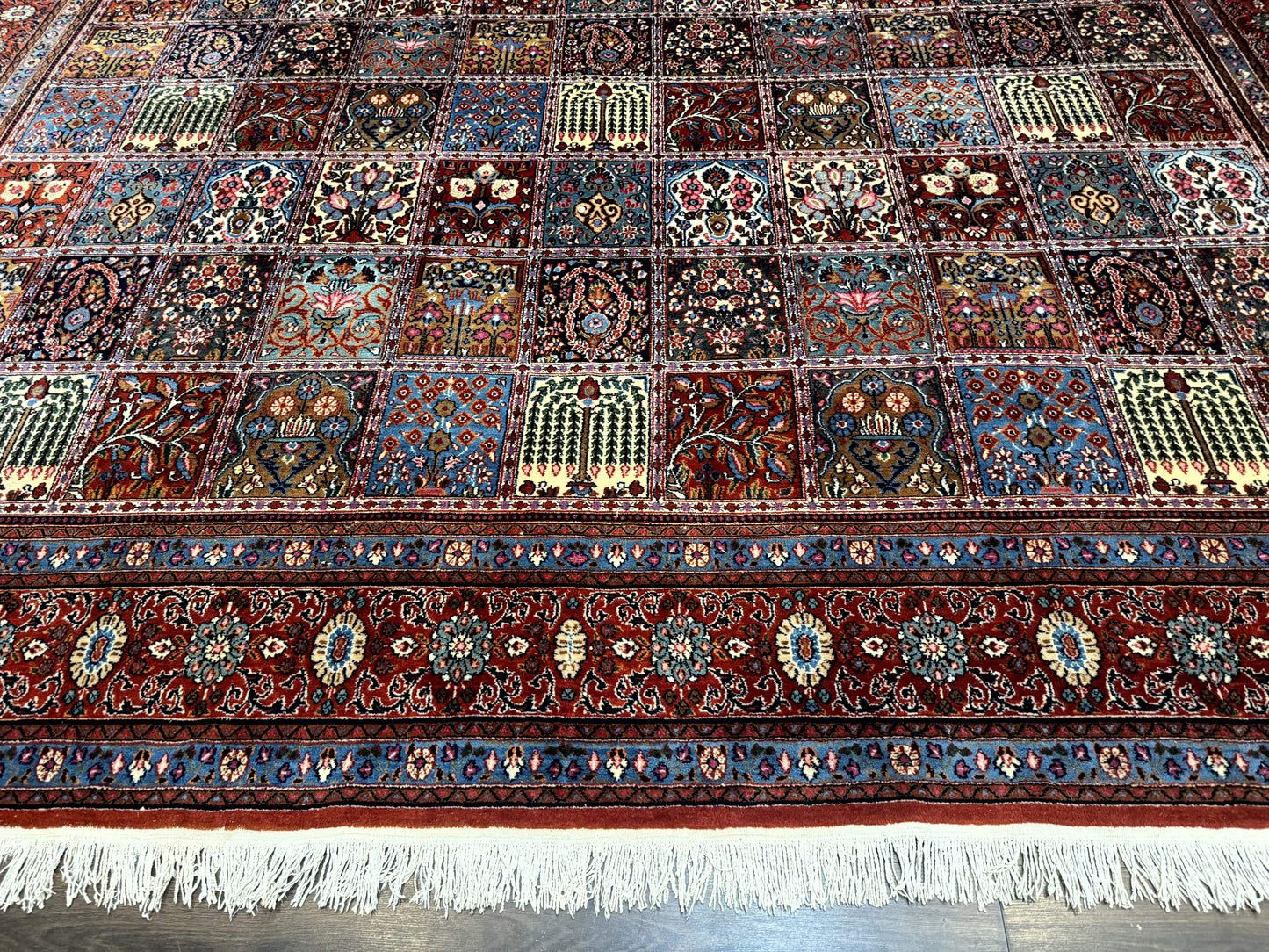Wonderful Persian Qum Rug 10x13, Panel Design, Fine 260 KPSI, Signed, Red Multicolor