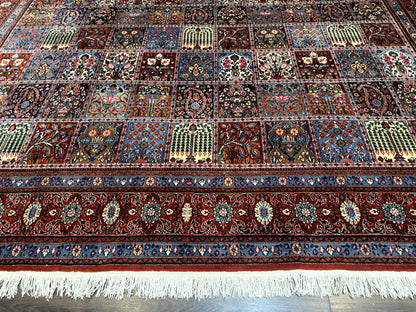 Wonderful Persian Qum Rug 10x13, Panel Design, Fine 260 KPSI, Signed, Red Multicolor