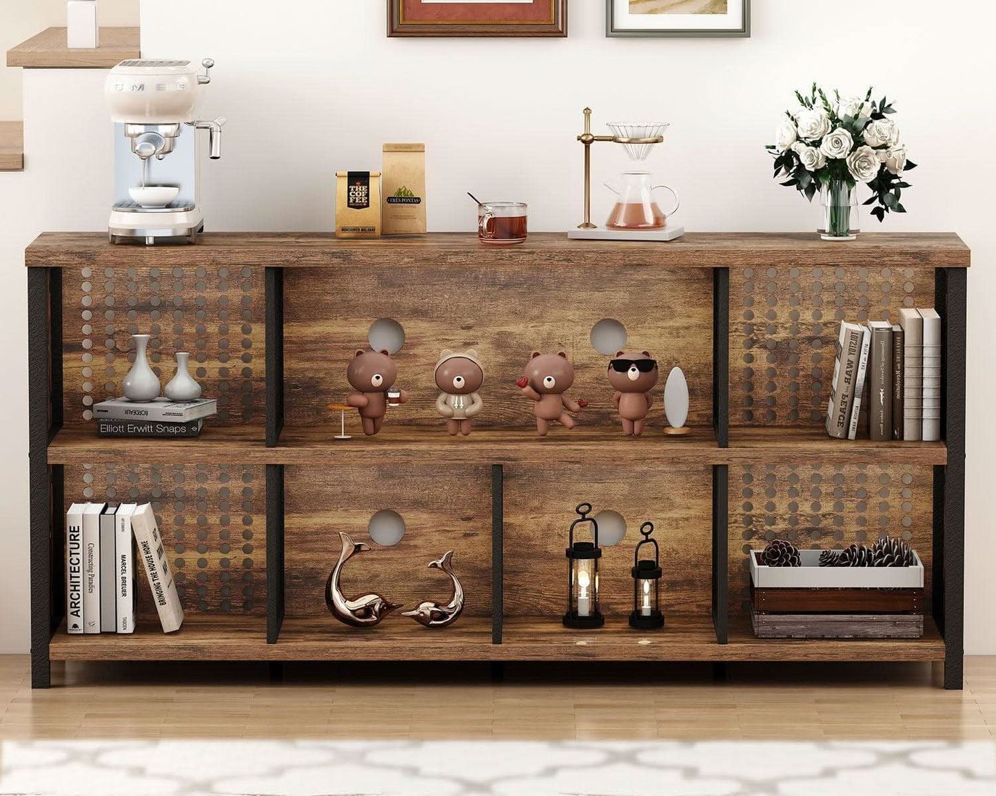 Rustic Brown 63 Inch Bookshelf Cube Storage Five In One