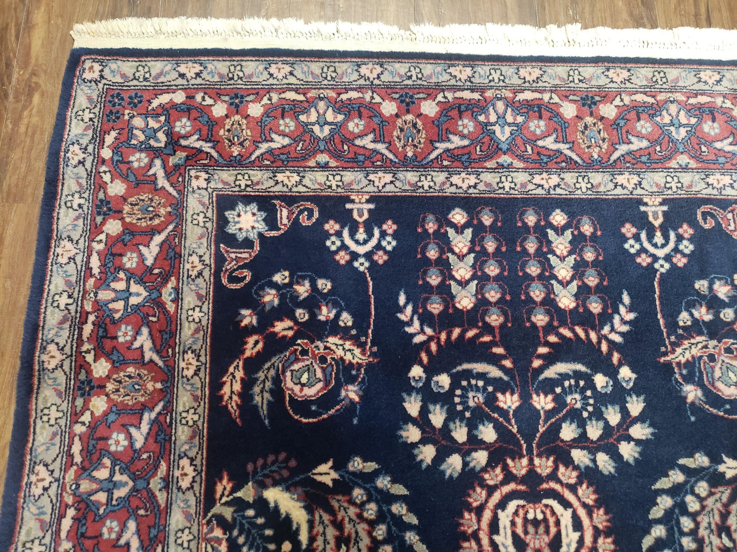 Dark Blue Indo Persian Rug 4x6, Medium Size Hand Knotted Oriental Carpet, Traditional Floral Indian Rug, Blue and Red Entryway Rug, Wool Rug
