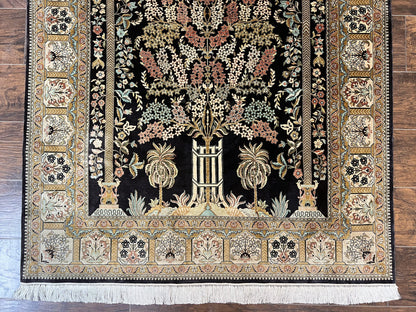 Wonderful Sino Persian Silk Rug 4x6, Tree of LIfe Design, Masterpiece 575 KPSI, Birds, Prayer Rug, Black, Silk on Silk