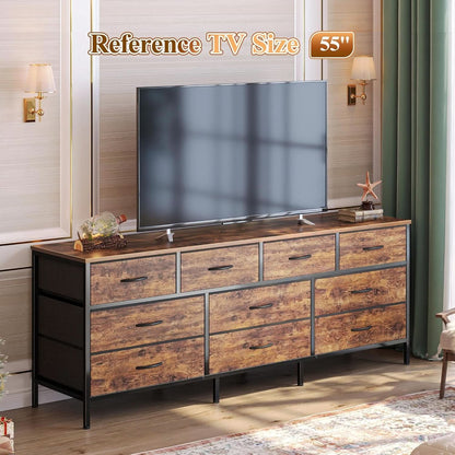 63 Inch Dresser With Durable Fabric Drawers In Rustic Brown