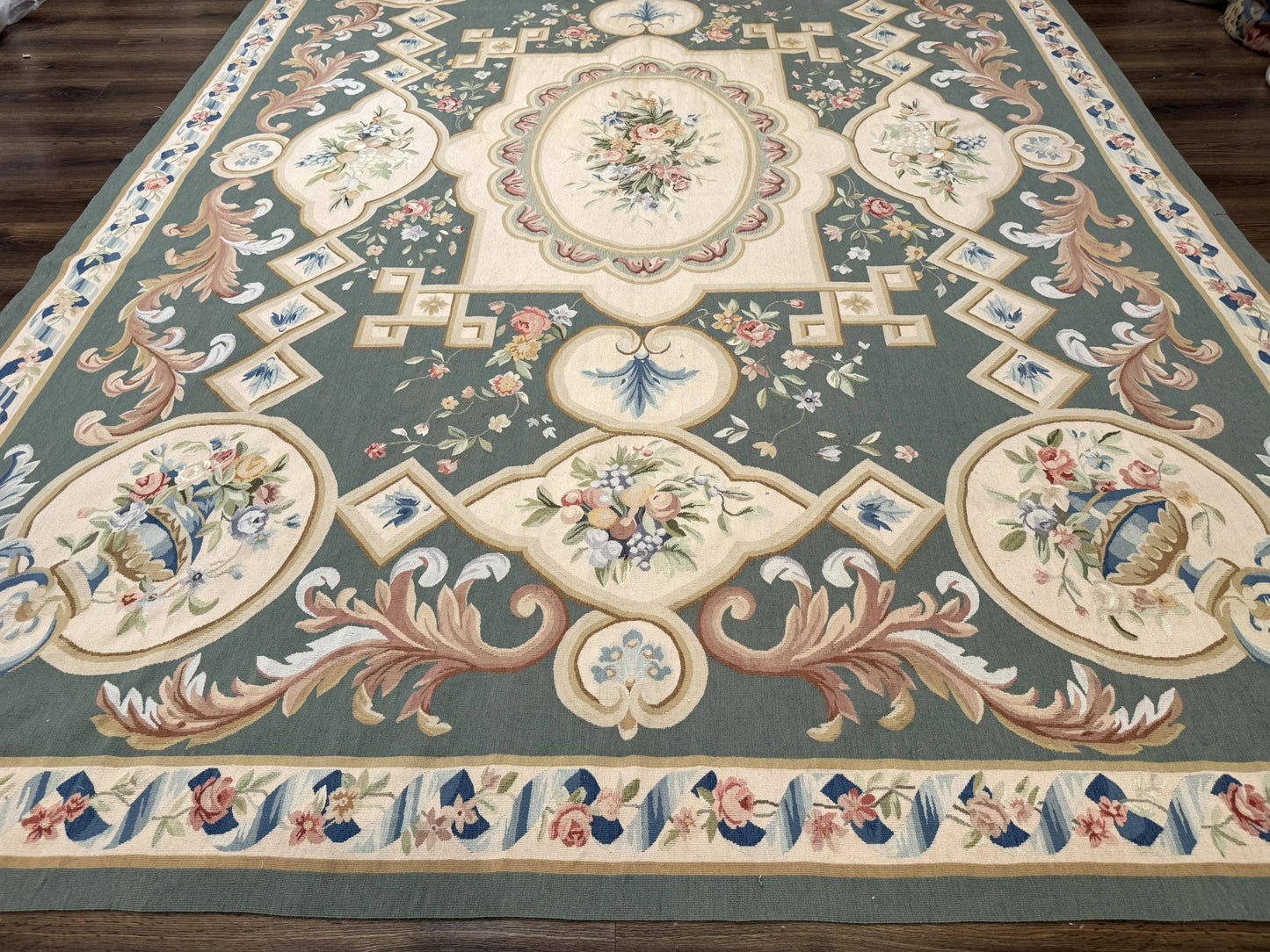 Aubusson Rug 9x12, Muted Sage Green and Cream, European Design