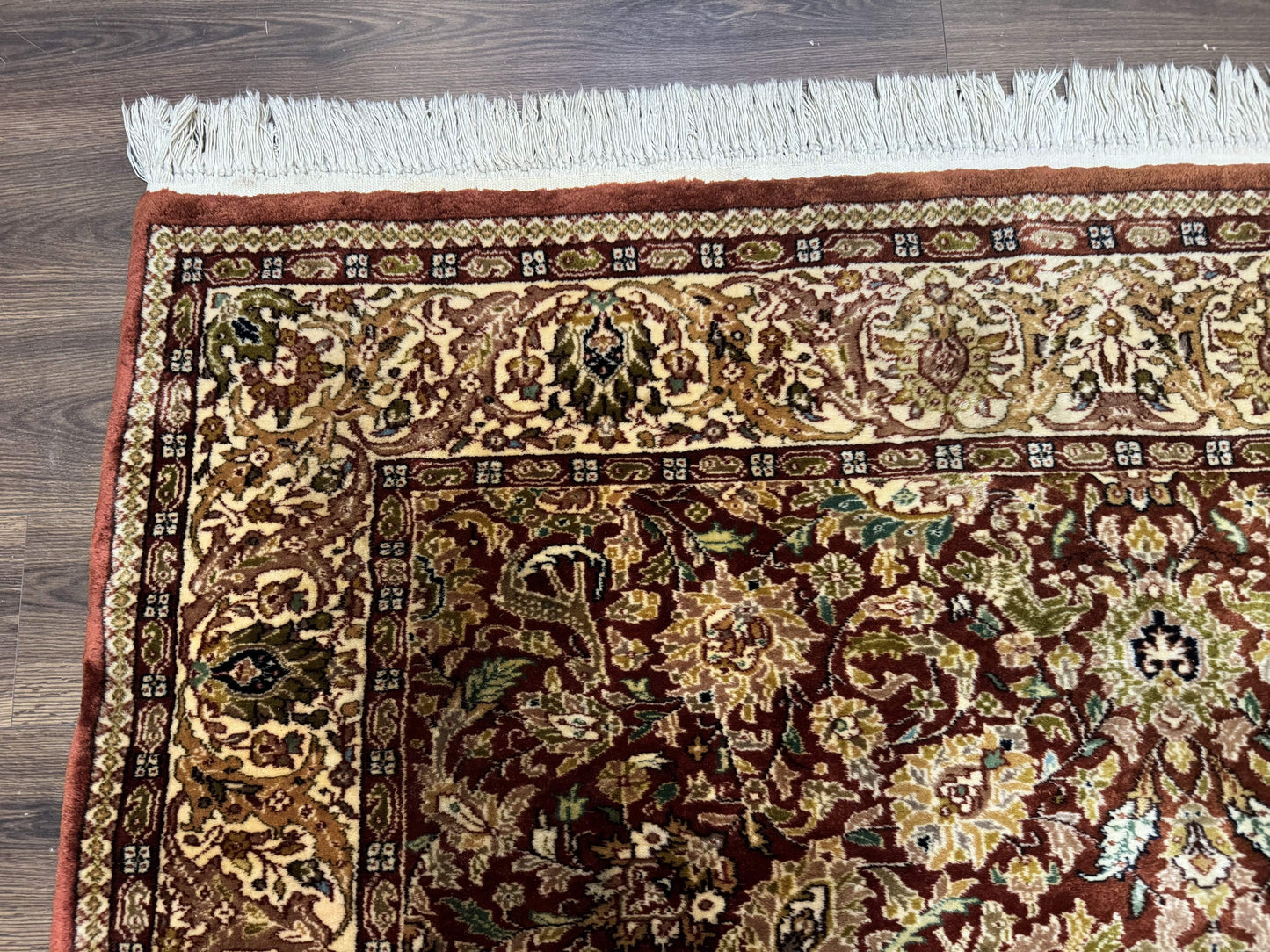 Tree of Life Indian Kashmiri Rug 6x9, Rust Red and Cream, Animal Pictorials, Fine 290 KPSI