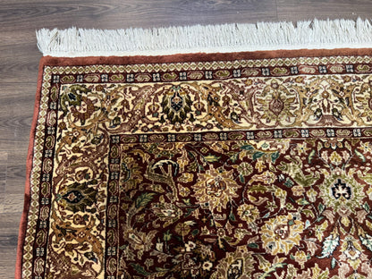 Tree of Life Indian Kashmiri Rug 6x9, Rust Red and Cream, Animal Pictorials, Fine 290 KPSI