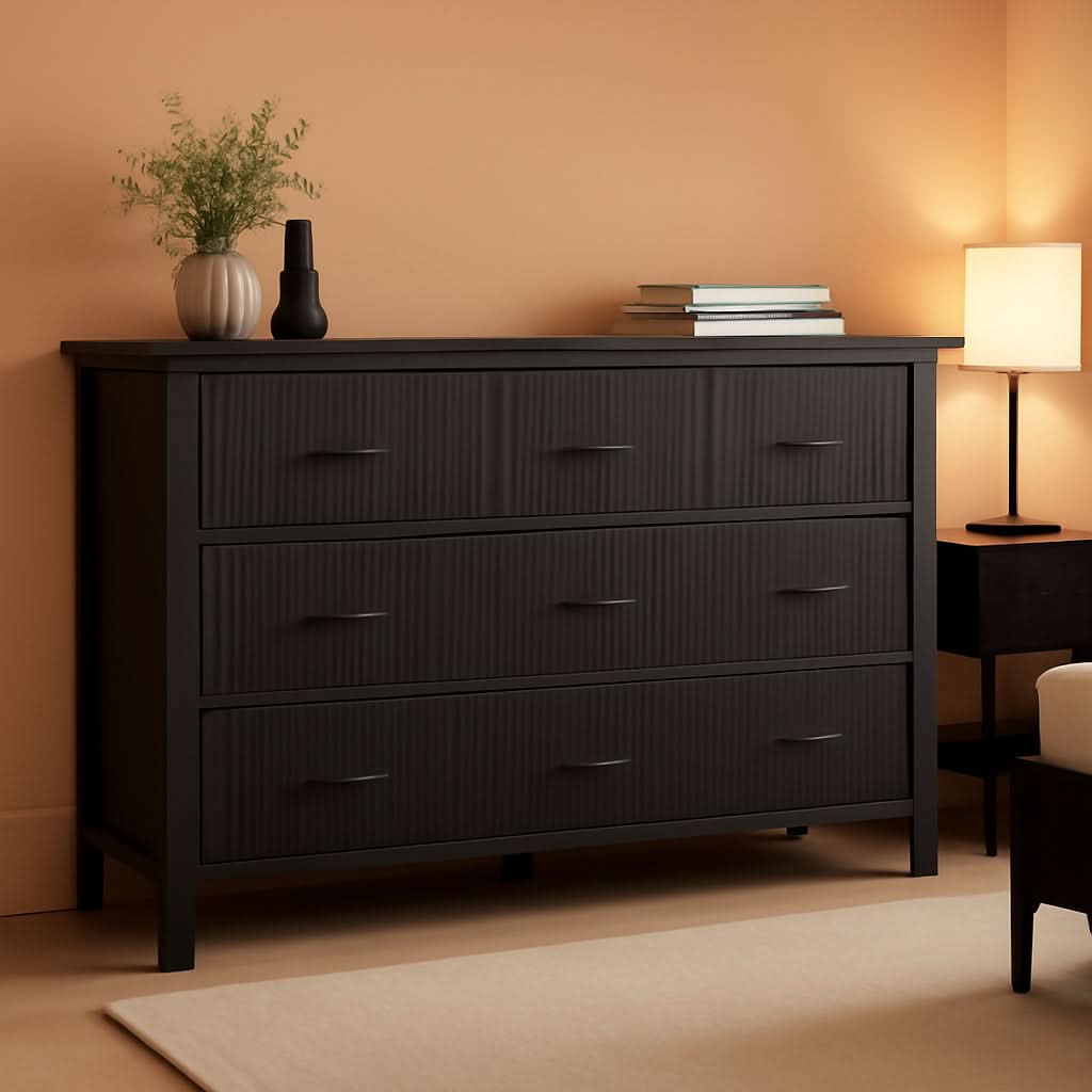Fluted Contemporary White Dresser With Black Handles