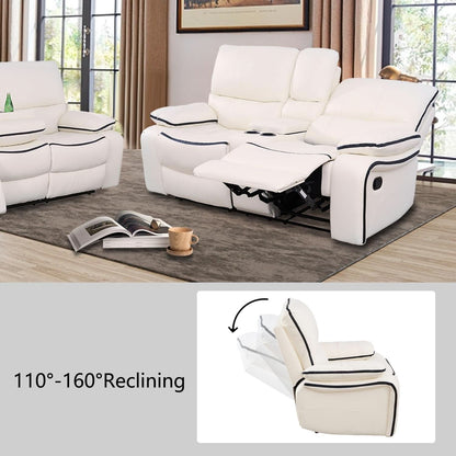 Cream White Bonded Leather Recliner Sofa Set With Manual Recliner