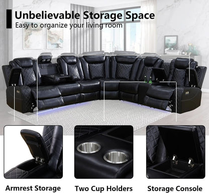 Black Leather Power Reclining Sectional Sofa Living Room