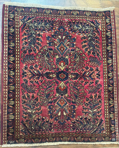Small Antique Persian Sarouk Rug 2x2 ft, Red 1920s Wool Rug