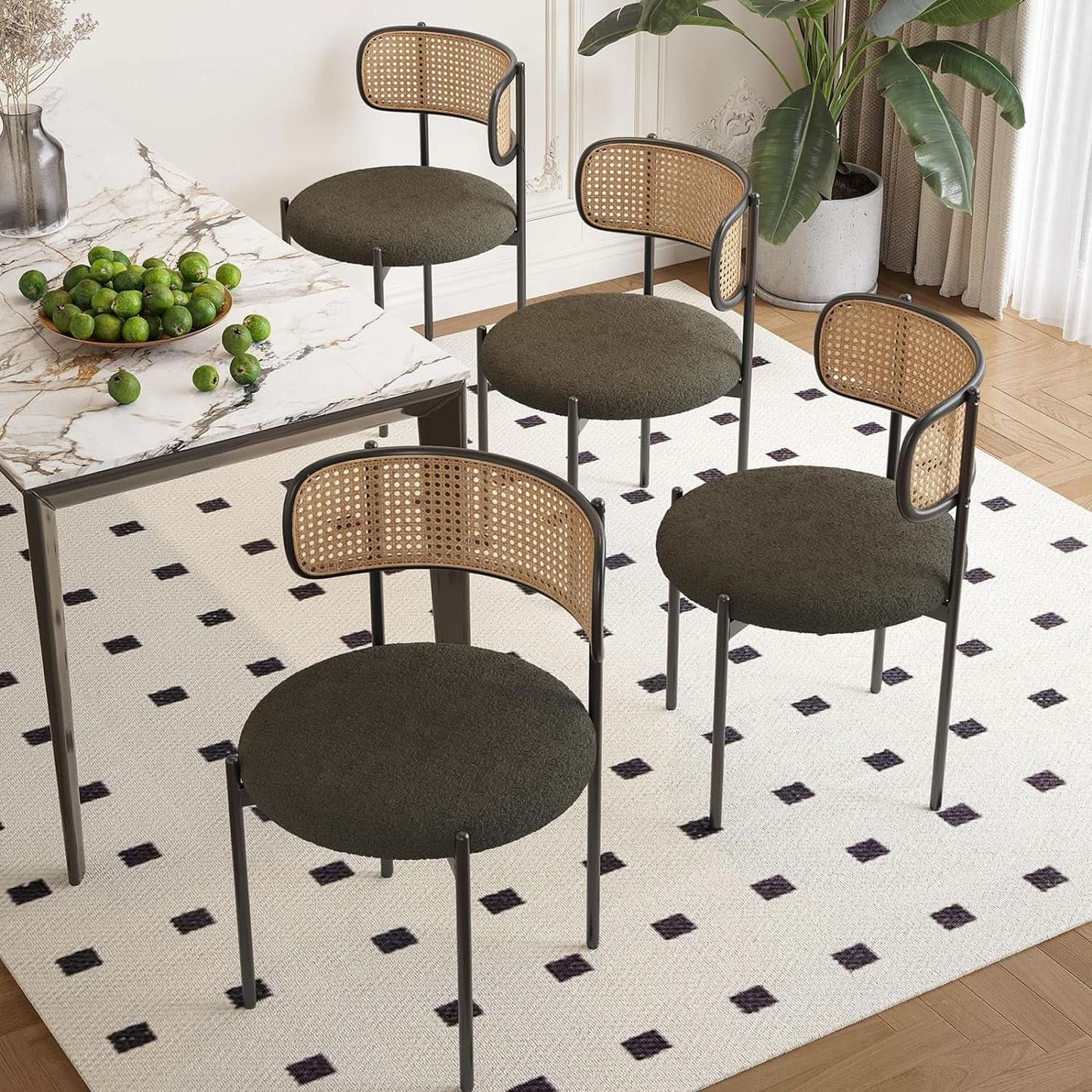 Green Rattan Backrest Mid Century Dining Chairs Set Of 2