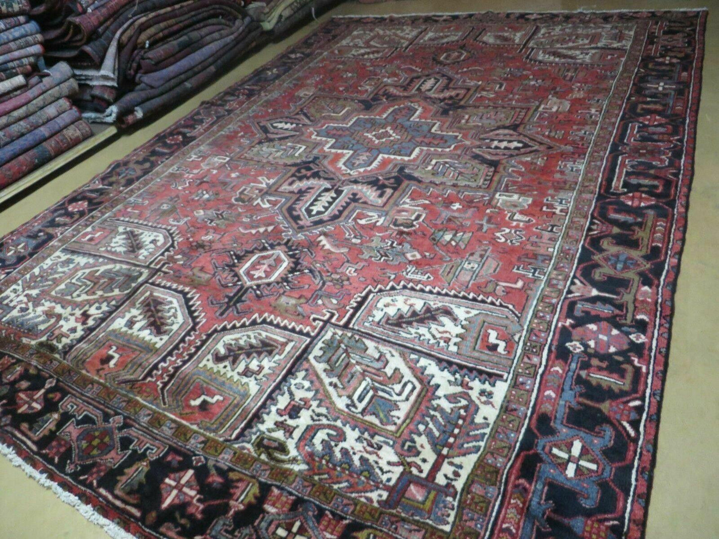 Persian Heriz Rug 8x12 Semi Antique Heriz Carpet, Room Sized Persian Carpet, Geometric Medallion, Wool, Hand Knotted, Red Ivory Dark Blue