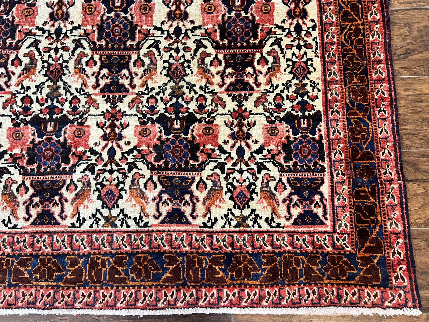 Persian Afshar Rug 6x8, Wool Hand Knotted Semi Antique Vintage Carpet, Floral Allover, Repeated Birds Flowers Vases Motifs