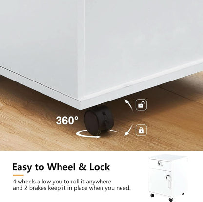 White Mobile File Cabinet With Lockable Drawer And Door