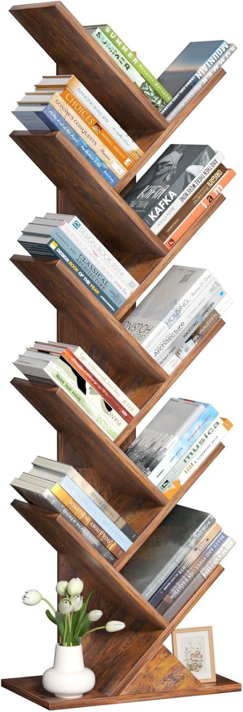 10 Tier Tree Bookshelf Brown Wood Floor Standing Bookcase For Living Room Decor Storage