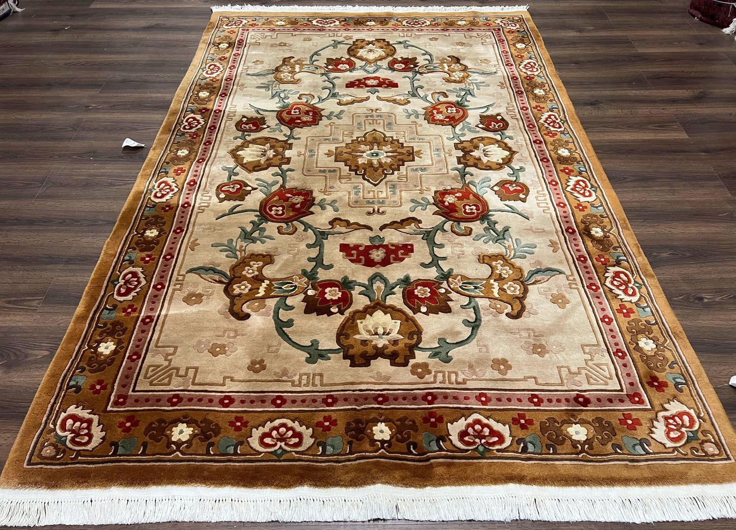 Chinese Wool Rug 5.9 x 9, Tan and Brown Asian Art Deco Carpet, Vintage 1960s Oriental Rug, Hand-Knotted Rug, Soft Wool, Medallion, Pair B