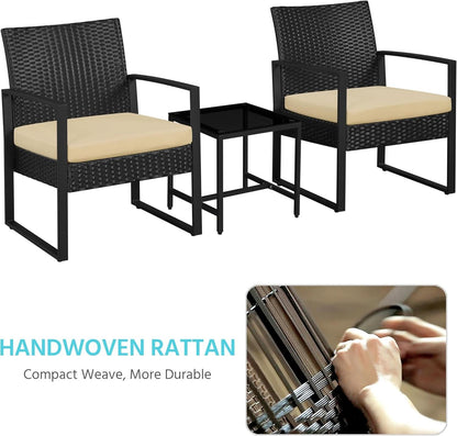 3 Piece Rattan Bistro Set Outdoor Furniture With 2 Chairs And Tempered Glass Coffee Table Black And Khaki