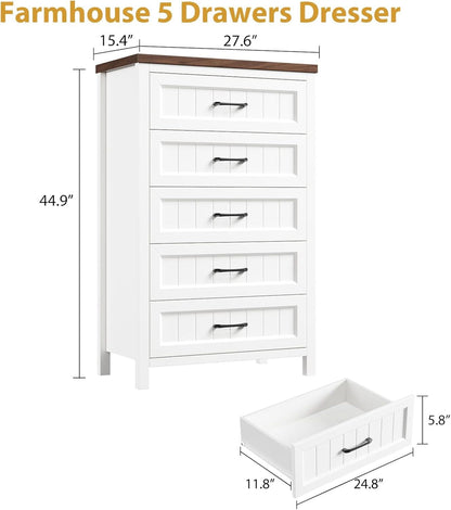 Five Drawer Dresser 44.9 Inch Tall PowderCoatWhite