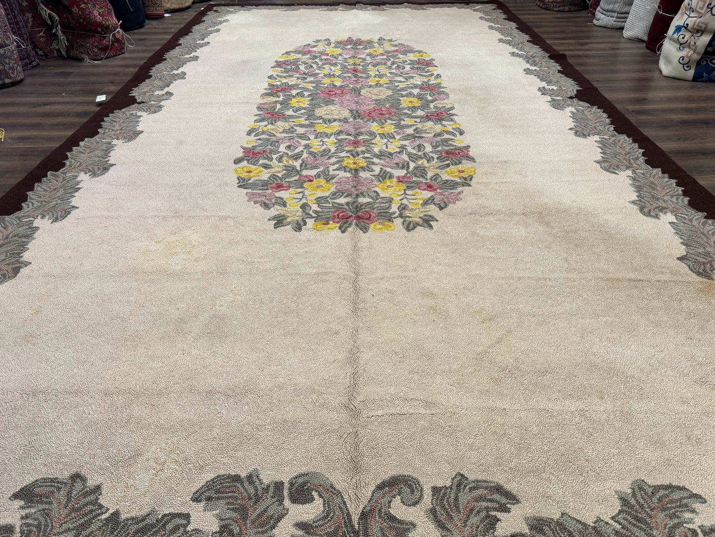 Palace Size American Hooked Rug 11x20 Aubusson Style Ivory