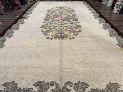 Palace Size American Hooked Rug 11x20 Aubusson Style Ivory