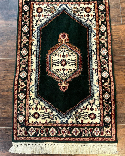 Small Indo Persian Dark Green Rug 2x3, Geometric Semi Open Field