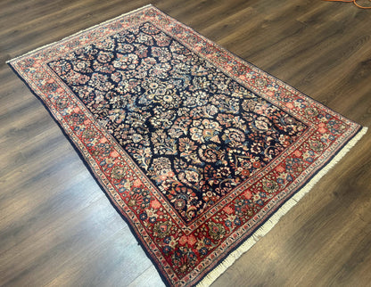 Navy Blue Persian Rug 4x6, Sarouk Mohajeran Carpet, Antique Persian Rug, Floral