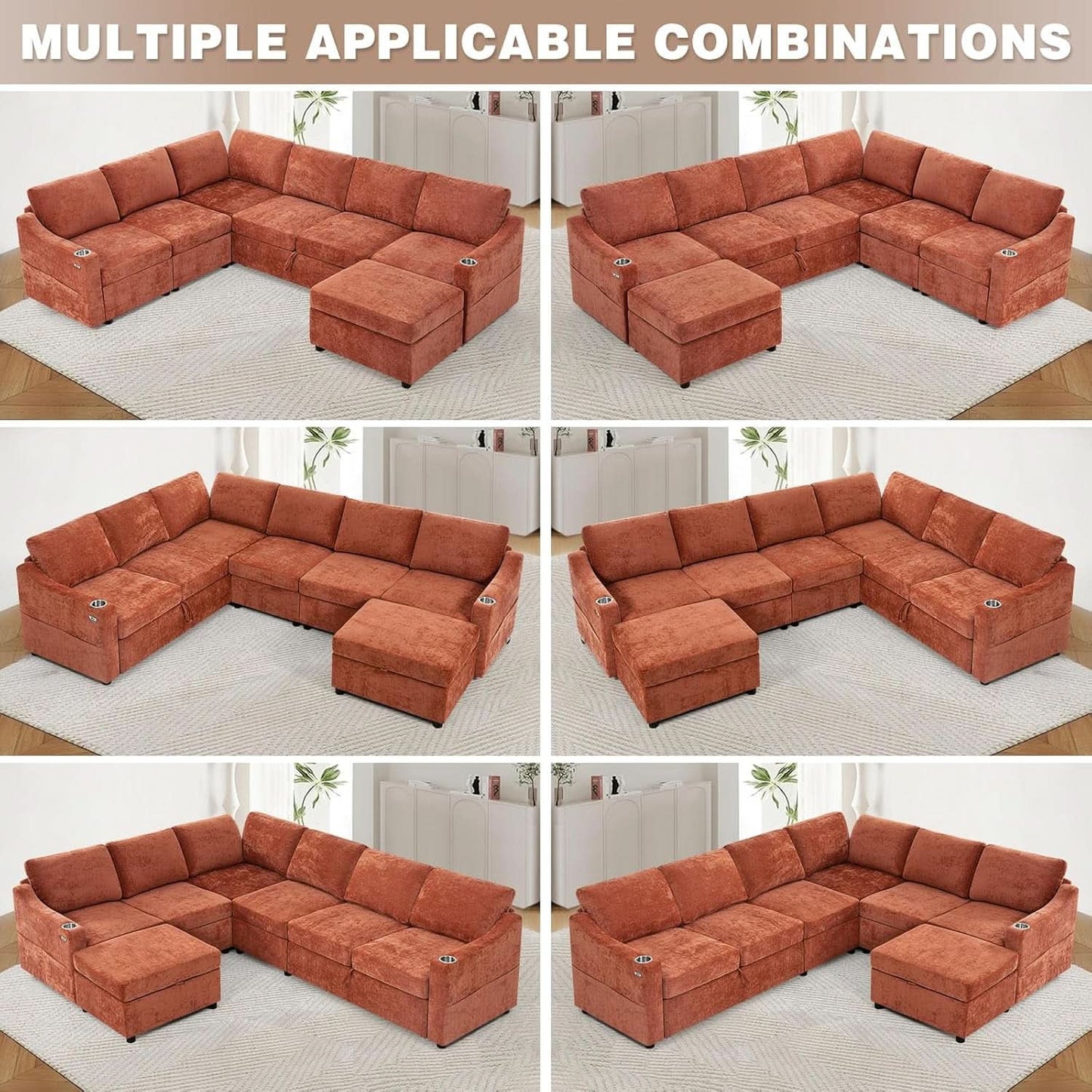 116Inch Orange Chenille Fabric Modular Sleeper Sofa USB