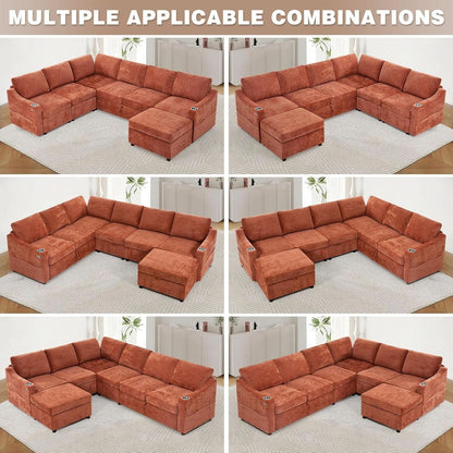 116Inch Orange Chenille Fabric Modular Sleeper Sofa USB