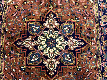 Indo Persian Heriz Rug 4x6, Rust Red Navy Blue and Cream