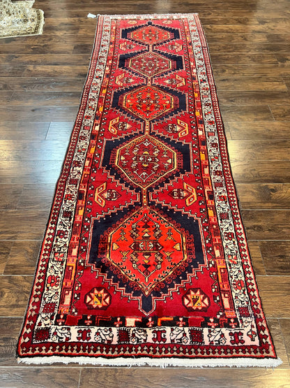 Persian Heriz Runner Rug 3.7 x 11, Persian Tribal Runner, Handmade Wool, Medallions, Geometric, Red, Antique Vintage Hand Knotted Rug