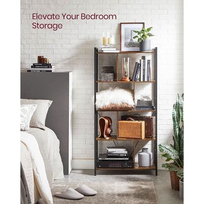 5 Tier Bookshelf Rustic Brown And Black Metal Frame
