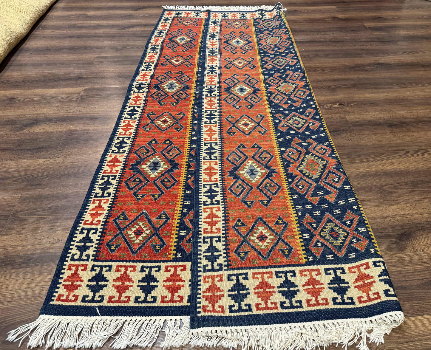 Turkish Kilim Rug 5x8, Flatweave Carpet, Handmade Bohemian Rug, Terracotta and Navy Blue