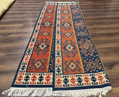 Turkish Kilim Rug 5x8, Flatweave Carpet, Handmade Bohemian Rug, Terracotta and Navy Blue