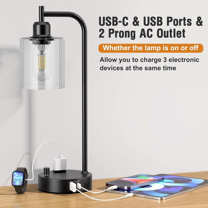 Industrial Nightstand Lamps Set of 2 Dimmable USB C Ports