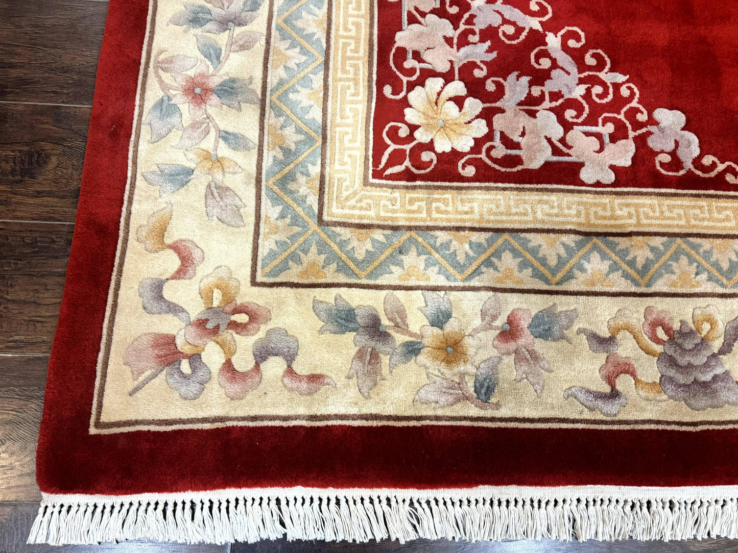 Chinese Wool Rug 8.6 x 11, Red and Beige Asian Oriental Carpet, Plush Pile, Vintage Handmade Chinese Carving Sculpted Rug, Semi Open Field