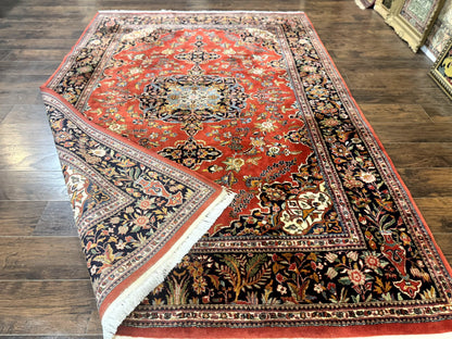Indo Persian Rug 7x10, Vintage Handmade Wool Carpet, Floral Medallion Traditional Rug, Red and Midnight Blue