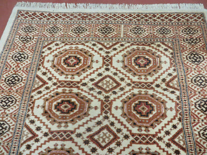 4' X 7' Vintage Handmade Pakistani Turkoman Bokhara Balouch Woven Wool Rug Ivory