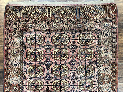 Persian Turkoman Rug 4x6, Wool Hand Knotted Antique Bokhara Carpet, Red Pink, Handmade Tribal Oriental Rug 4 x 6 ft