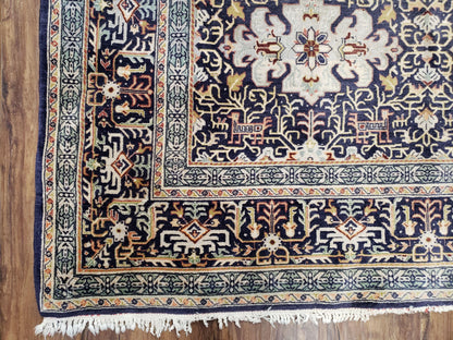 Antique Persian Kashan Rug, Midnight Blue & Ivory, Hand-Knotted, Wool, 4' 8" x 7' 4", Pair B