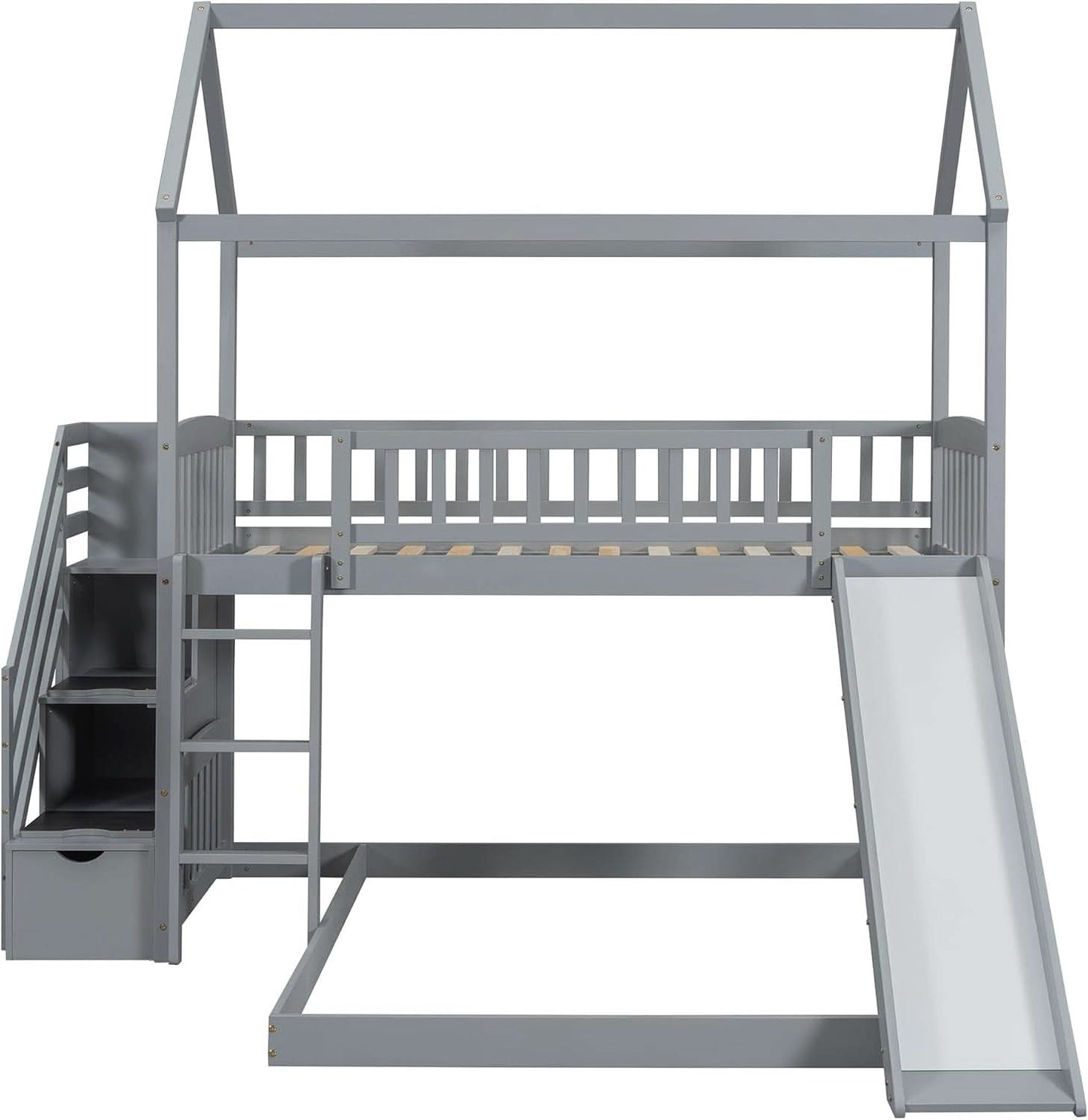 Gray Twin Loft Bunk Bed With Slide And Stairs Storage