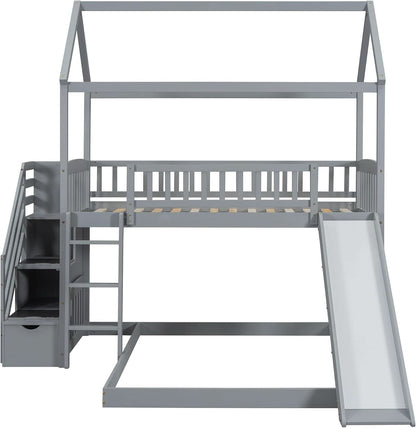 Gray Twin Loft Bunk Bed With Slide And Stairs Storage