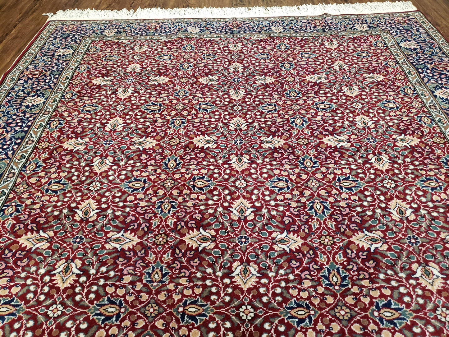 Vintage Turkish Sivas Area Rug 6.5 x 9.5, Wool Hand-Knotted Red & Midnight Blue Allover Floral Pattern Oriental Carpet, 6x9 Traditional Rug