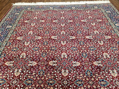 Vintage Turkish Sivas Area Rug 6.5 x 9.5, Wool Hand-Knotted Red & Midnight Blue Allover Floral Pattern Oriental Carpet, 6x9 Traditional Rug