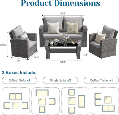 4 Piece Outdoor Patio Furniture Set All Weather Wicker Grey