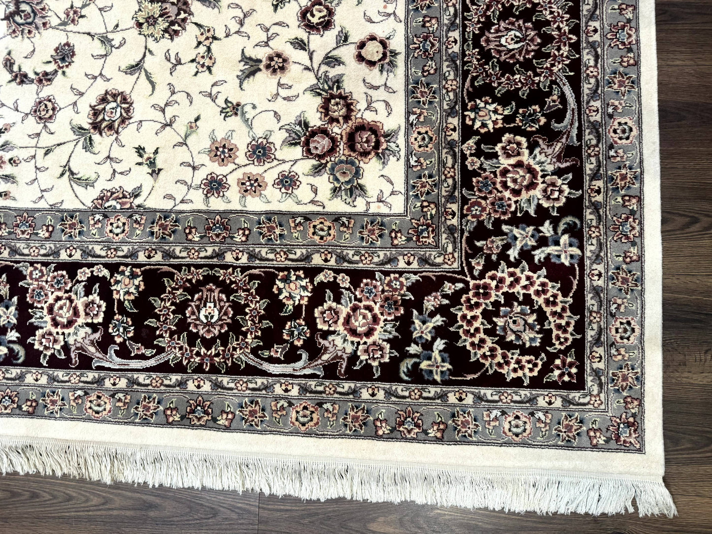 Sino Persian Rug 9x12, Floral Allover Design, 170 KPSI, Ivory and Dark Maroon