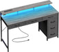 47 Inch Grey Gaming Desk With LED Lights And Drawers
