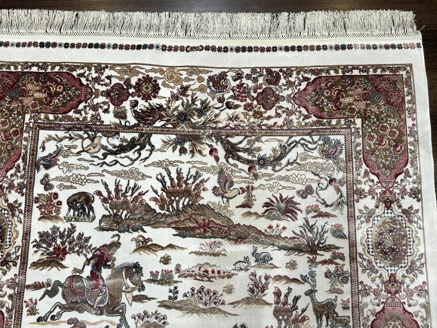 Turkish Silk Hunting Scene Rug 4x6, Ivory, Bamboo Silk, New