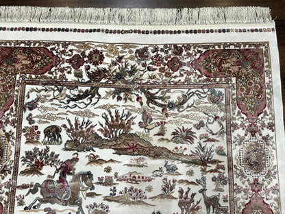 Turkish Silk Hunting Scene Rug 4x6, Ivory, Bamboo Silk, New