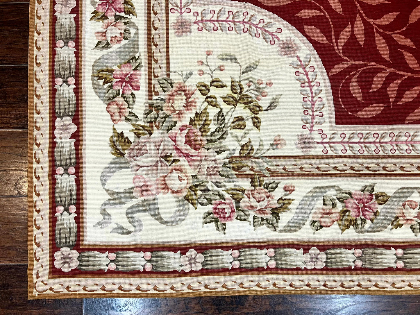 Wonderful Aubusson Rug 9x12, Handmade Vintage Needlepoint Carpet, Red and Ivory, Elegant European Design, Wool