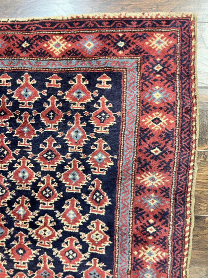 Turkish Sparta Rug 3x4, Allover Pattern, Navy Blue and Red, Antique Ispara Oriental Carpet 3 x 4, Small Turkish Handmade Vintage Wool Rug
