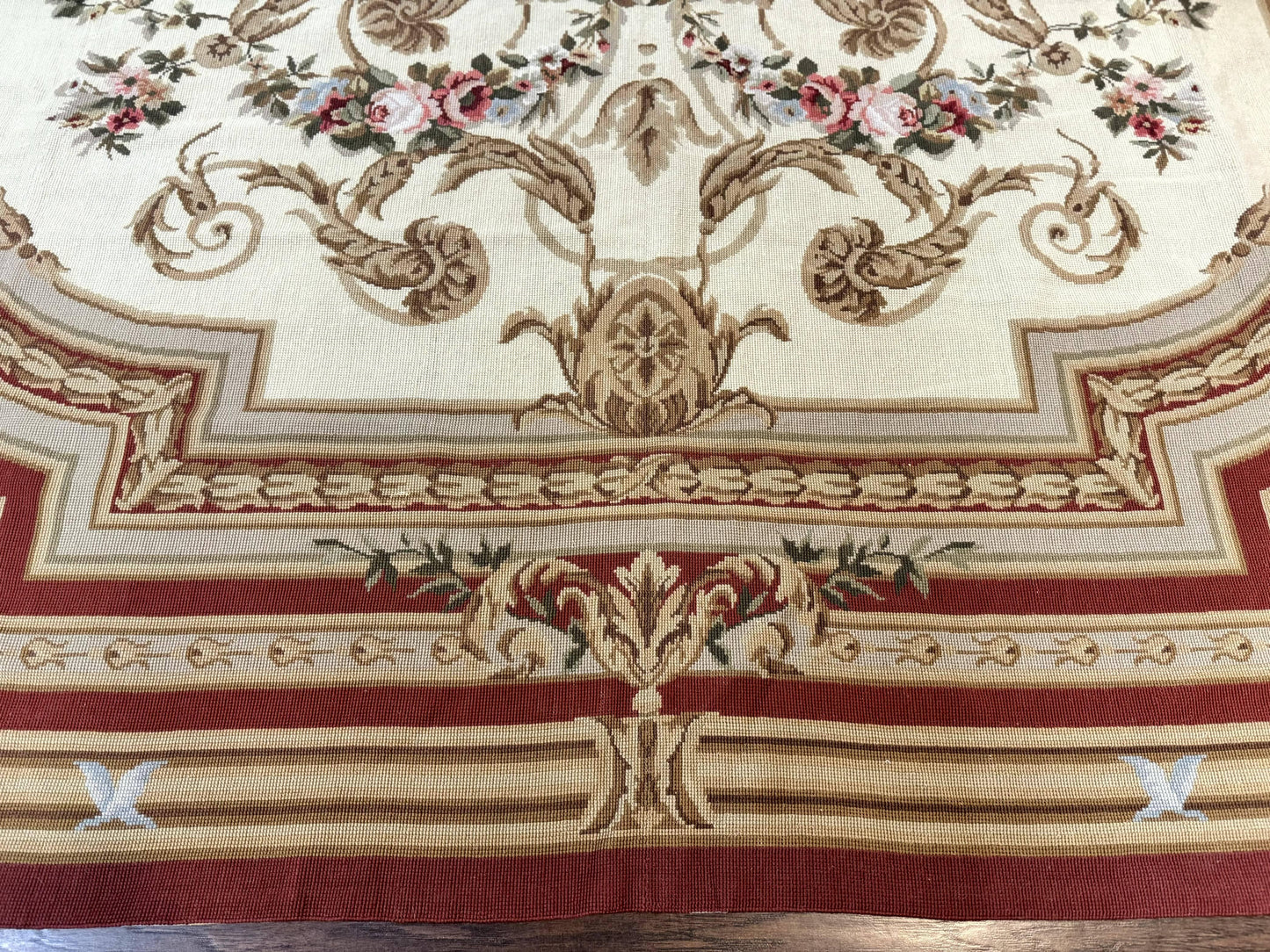 Aubusson Needlepoint Rug 9x11, Handmade Vintage Wool Flatweave Carpet, Elegant European Rug, Floral, Cream